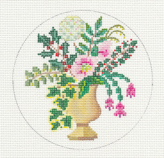 Round ~ Elegant Vase of Seaside Flowers, Ivy & Holly handpainted needlepoint canvas by MBM Designs