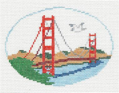 Travel canvas ~ Golden Gate Bridge in San Francisco, California Handpainted Needlepoint Canvas Oval Ornament Kathy Schenkel