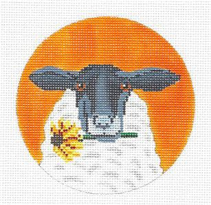 Animal Round ~ Sheep Holding a Black Eyed Susan Blossom Handpainted 4" Needlepoint Canvas by Scott Church