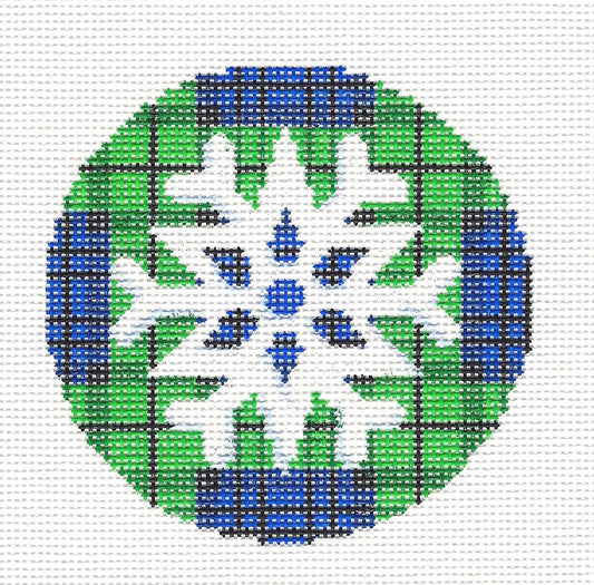 Snowflake on Blue & Green Plaid handpainted Needlepoint Canvas Ornament by Assoc. Talents