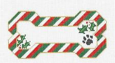 Dog Bone ~ Christmas Stripes with Holly Dog Bone with Paw Print hand painted needlepoint canvas Ornament by BP from Danji
