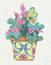 Floral ~ Summer Flower Pot of Posies & a Bee handpainted Needlepoint Canvas by Patti Mann