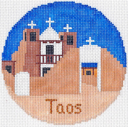 Travel Round ~ Taos, New Mexico handpainted 4.25" 18 Mesh Needlepoint Canvas by Silver Needle