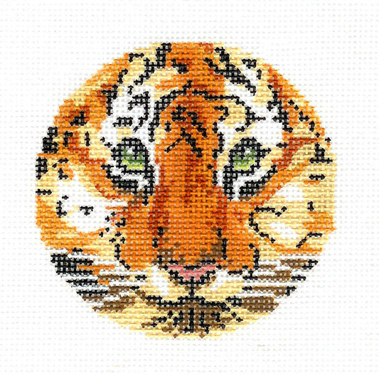 Round ~ Tiger Face with Green Eyes handpainted Needlepoint Canvas 3" Rd., 18 mesh by LEE