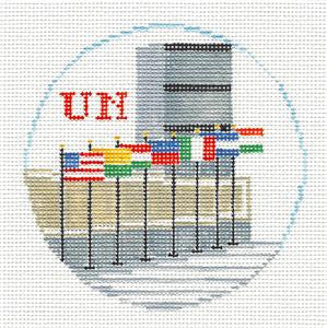 Travel Round ~ United Nations Building in New York City HP Needlepoint Canvas by Kathy Schenkel
