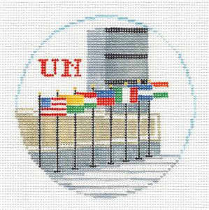 Travel Round ~ UNITED NATIONS BUILDING in New York City 4" handpainted 18 Mesh Needlepoint Canvas by Kathy Schenkel