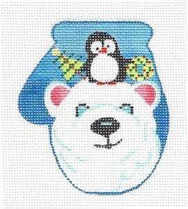 Mitten ~ Polar Bear & Penguin handpainted Needlepoint Ornament Canvas & STITCH GUIDE by JulieMar