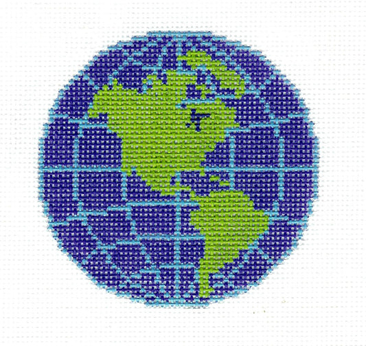 Travel Round ~ World Globe Planet Design handpainted Needlepoint Canvas 3" Rd. Ornament by LEE