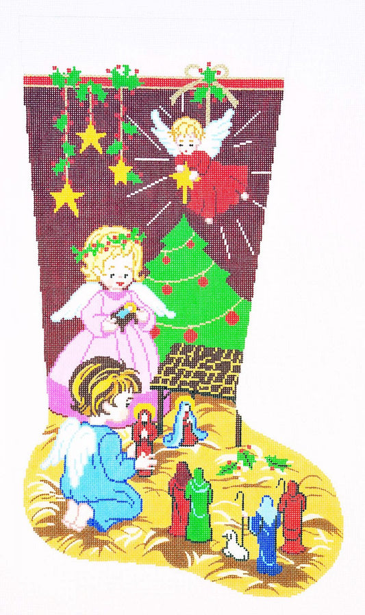 Stocking ~ Full Size Christmas Nativity with Angels handpainted Needlepoint Canvas
