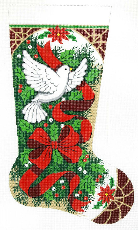 Stocking~ Full Size Christmas Holly with Dove handpainted Needlepoint Canvas