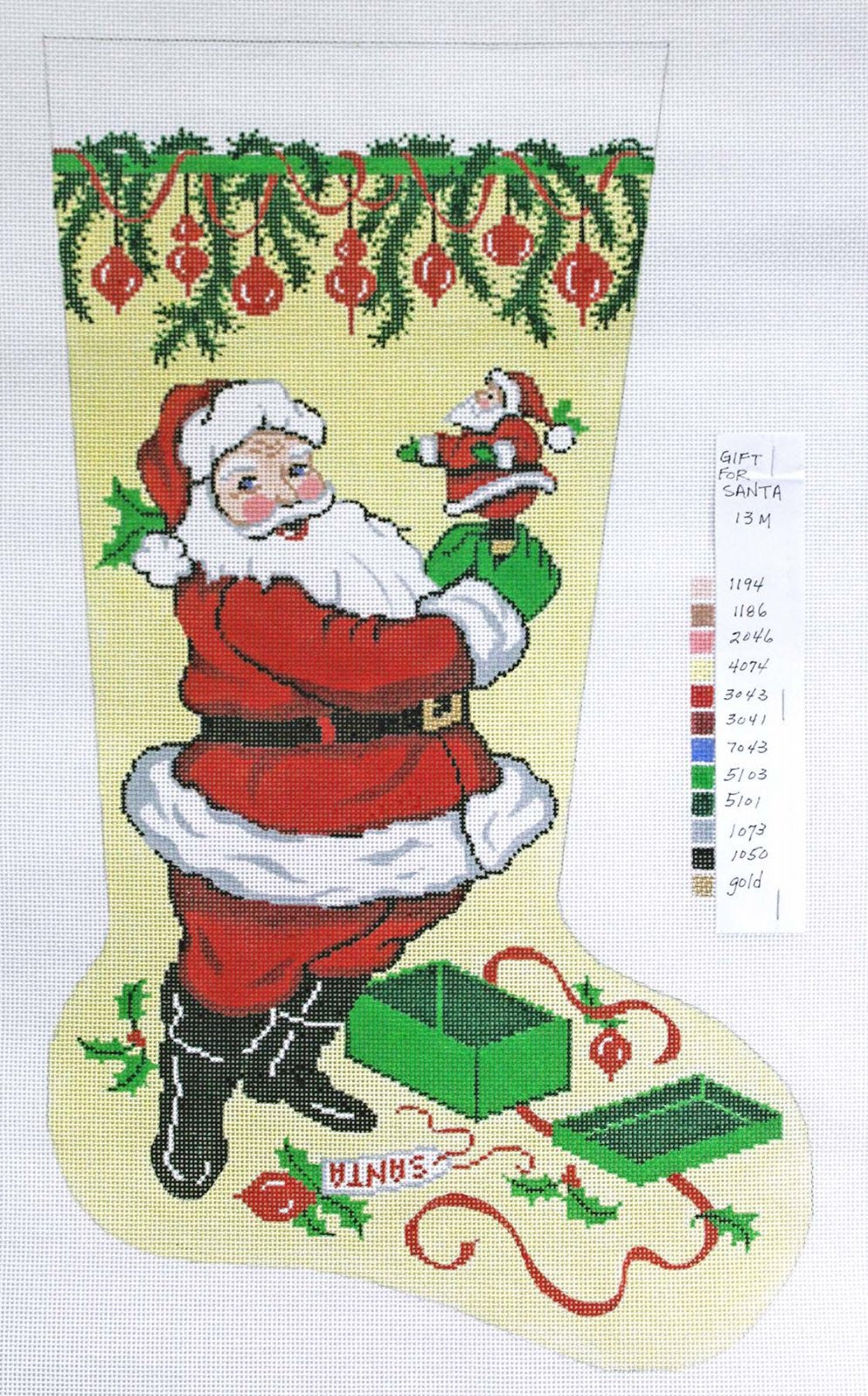 Full Size Stocking ~ Christmas Santa with Santa Toy handpainted Needlepoint Canvas by LEE Needle Art